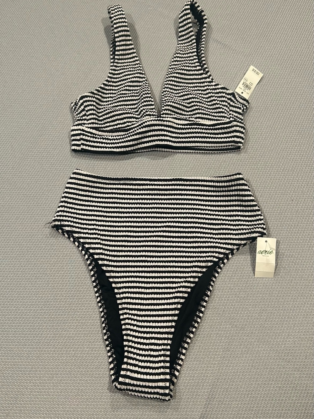 aerie Black & White Crinkle Striped Longline Plunge Bikini High Cut Bottoms